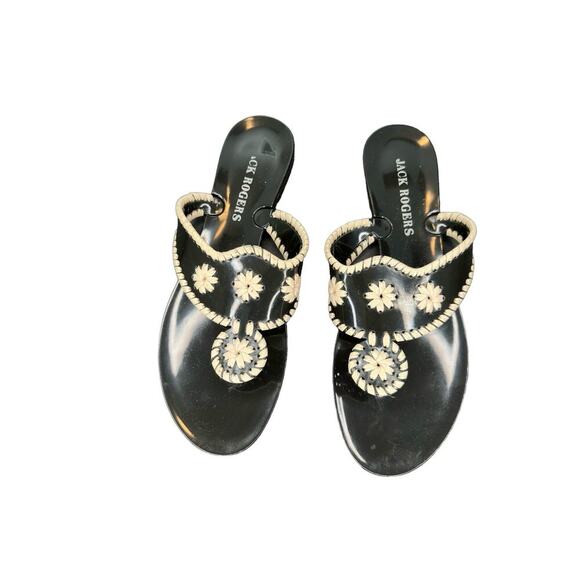 Jack‎ Rogers Black White Jelly Whipstitch Leather Thong Flat Sandal Size 10 - Picture 1 of 8